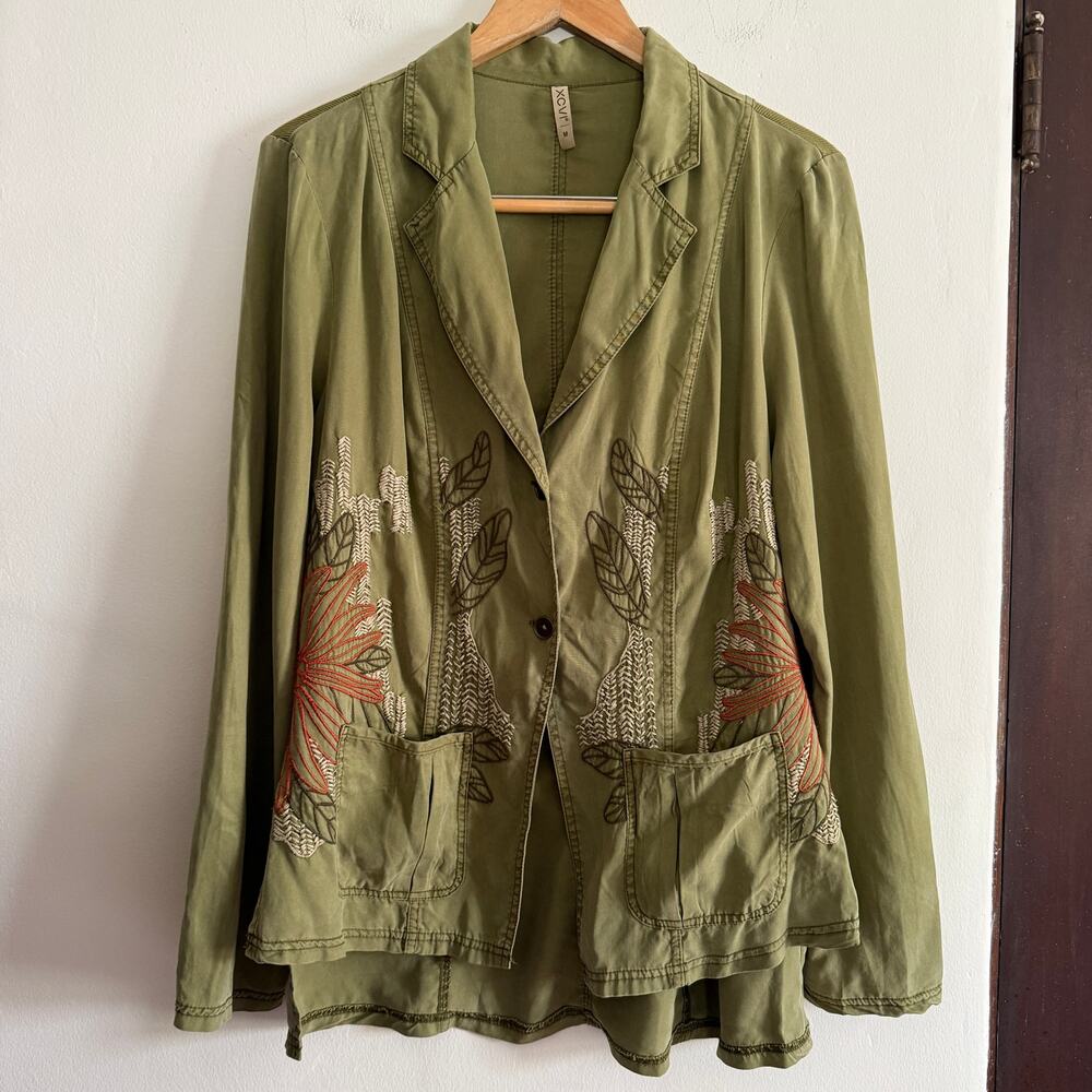 XCVI | Danski Olive Green Embroidered Tencel Twill Relaxed Blazer Medium